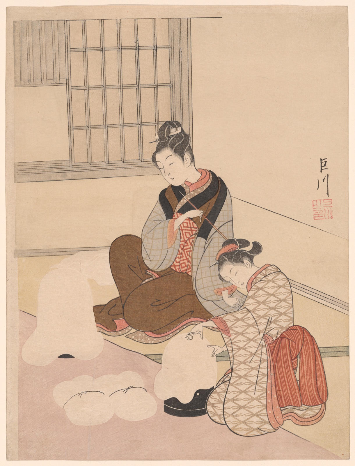 Evening Snow on a Floss Shaper (Nurioke no bosetsu), from the series "Eight Views of the Parlor (Zashiki hakkei)" by Suzuki Harunobu