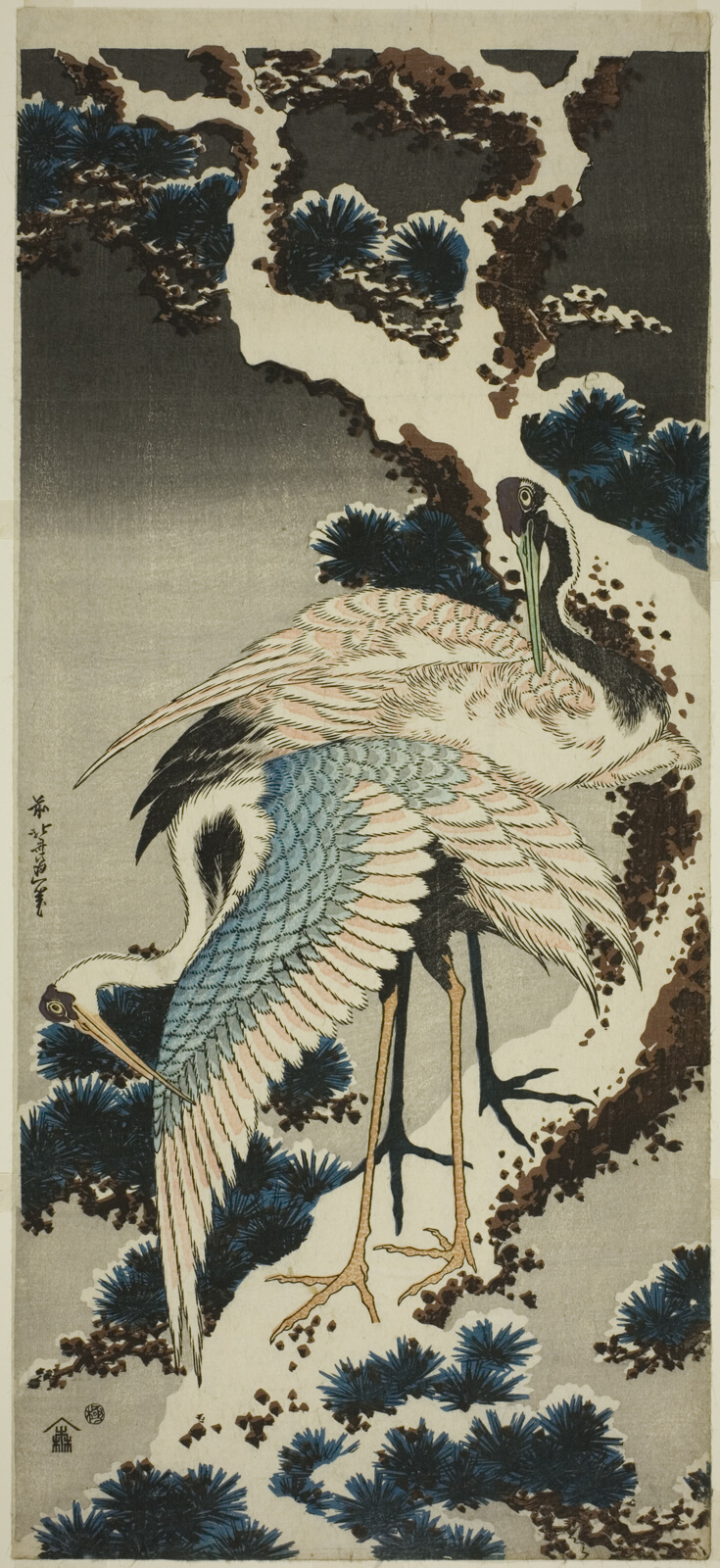 Cranes on snow-covered pine by Katsushika Hokusai