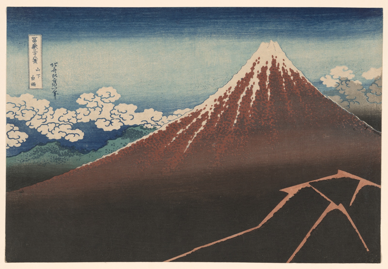 Shower Below the Summit (Sanka hakuu), from the series "Thirty-Six Views of Mount Fuji (Fugaku sanjurokkei)" by Katsushika Hokusai