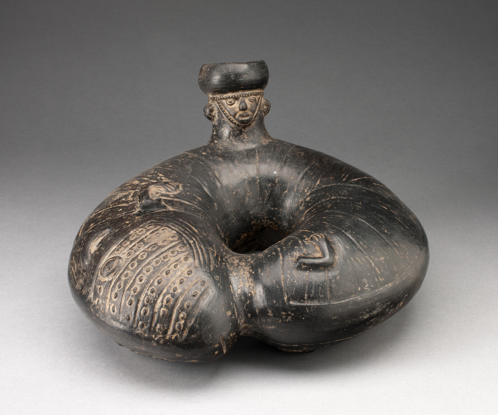 Jar Shaped like an Curling Insect with Single Spout in the Form of a Human Head by Chimú